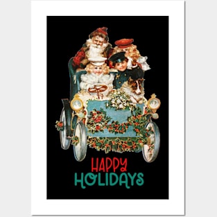 VINTAGE CHRISTMAS SANTA CAR HAPPY HOLIDAYS Posters and Art